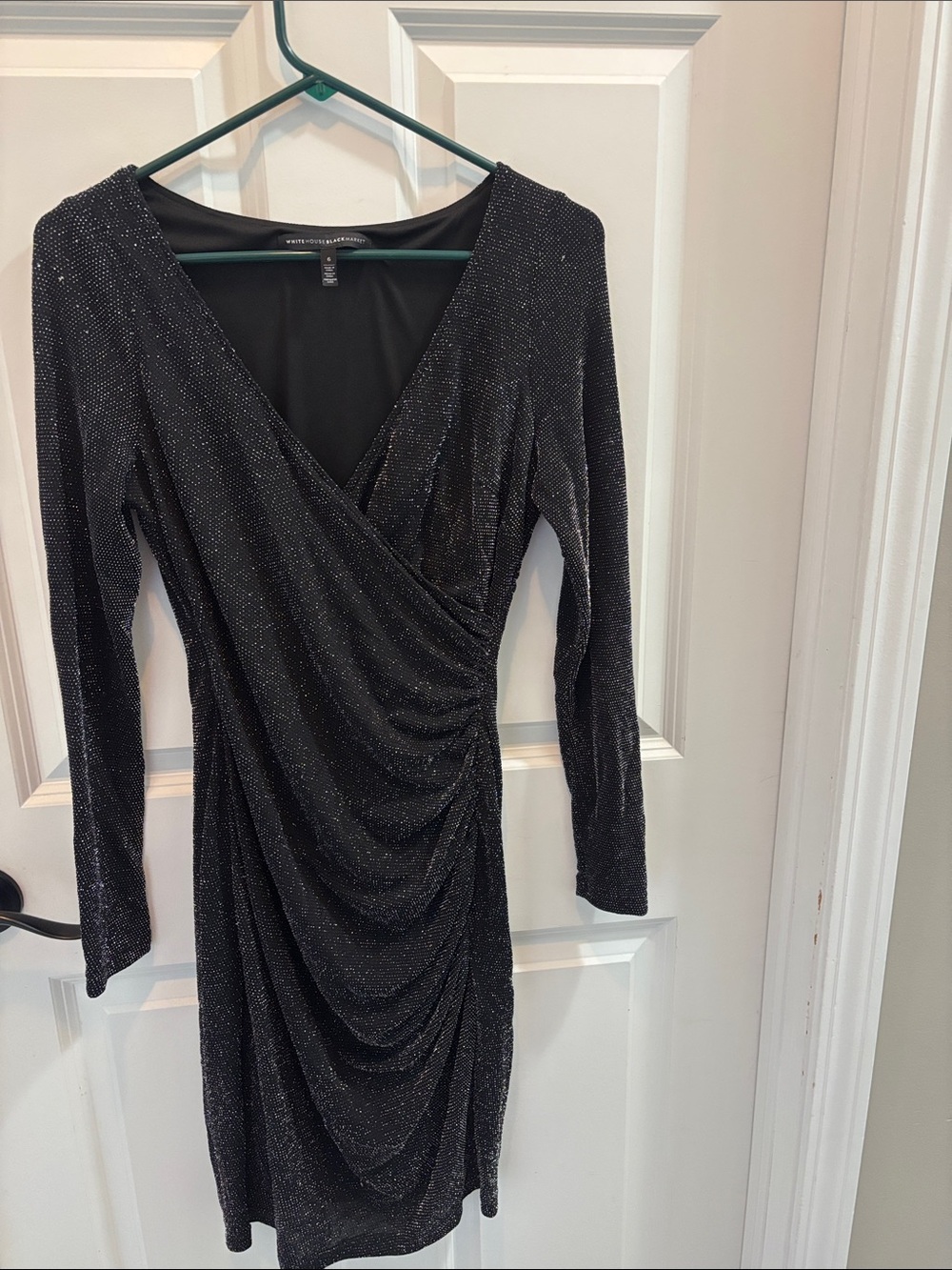 White House Black Market Black Sparkle Ruched Wrap Dress